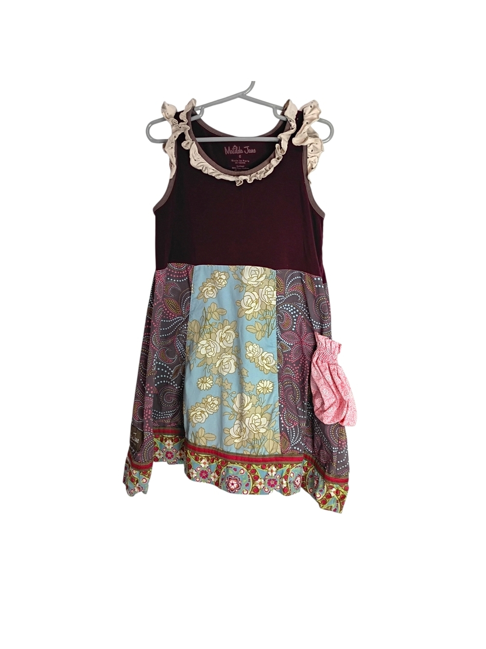 Matilda Jane Girls Mixed-Print Dress in Burgundy, Blue & Pink Sz 6